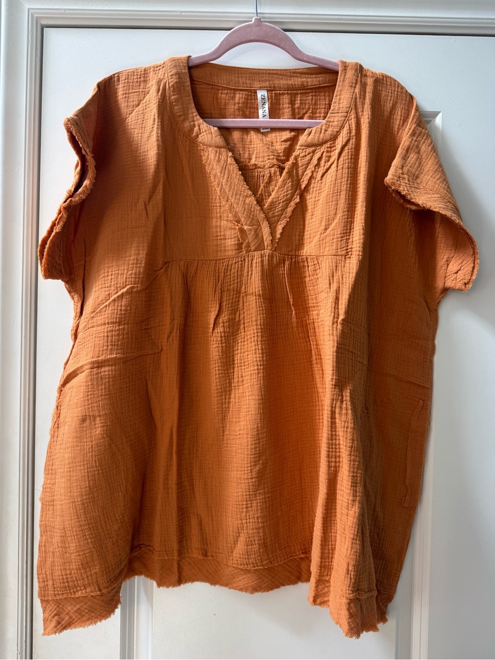 Zenana Apricot Cotton Gauze Raw Edge V-Neck Tunic Top Pockets Boho Oversized XL - Picture 2 of 4